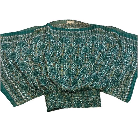 Max Studio Boho Handkerchief Blouse M Emerald Green Gold Smocked Hem Artsy Retro - Picture 14 of 14